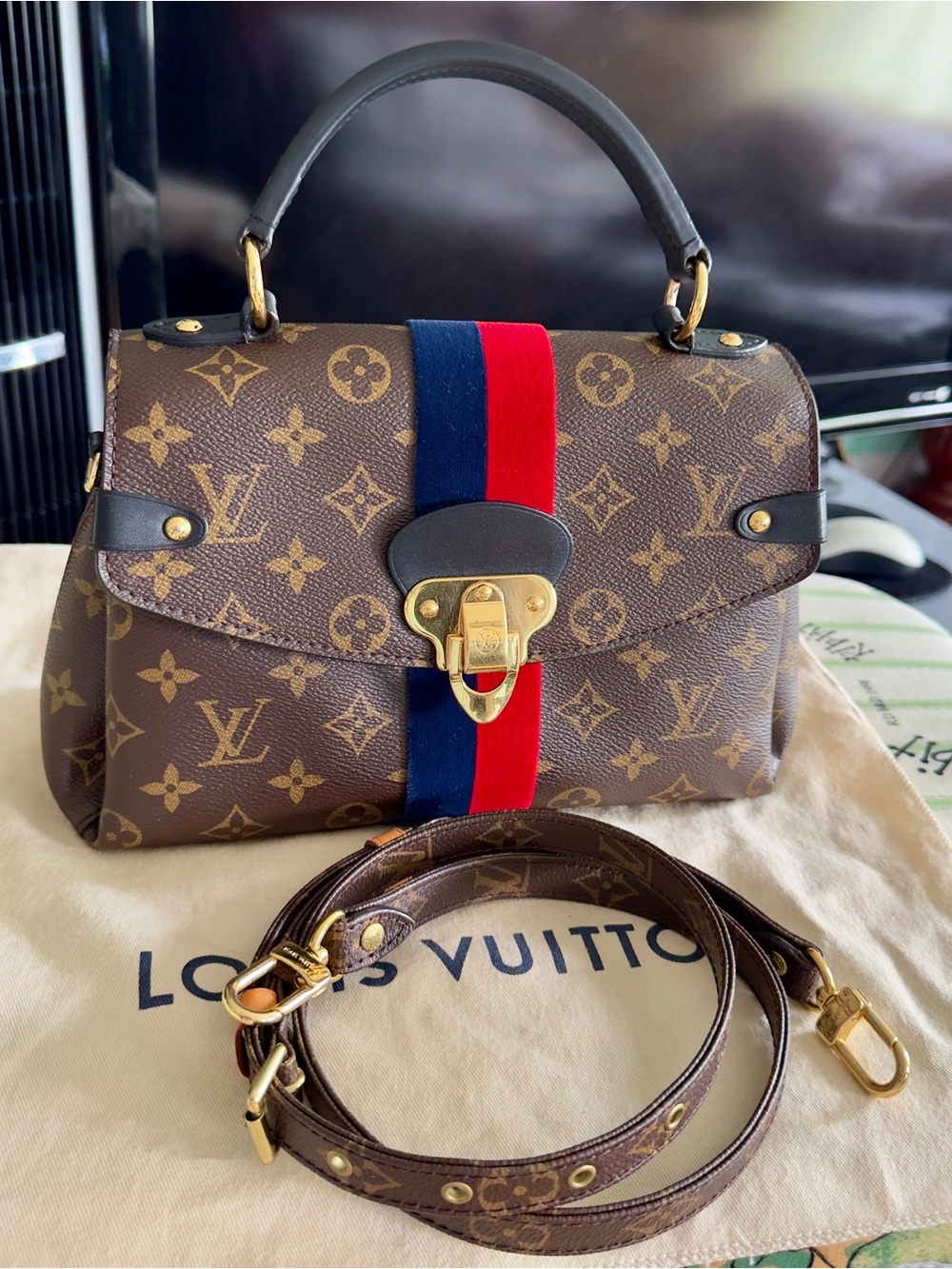 Louis Vuitton Brown Monogram Satchel with Red & Blue Center Stripe